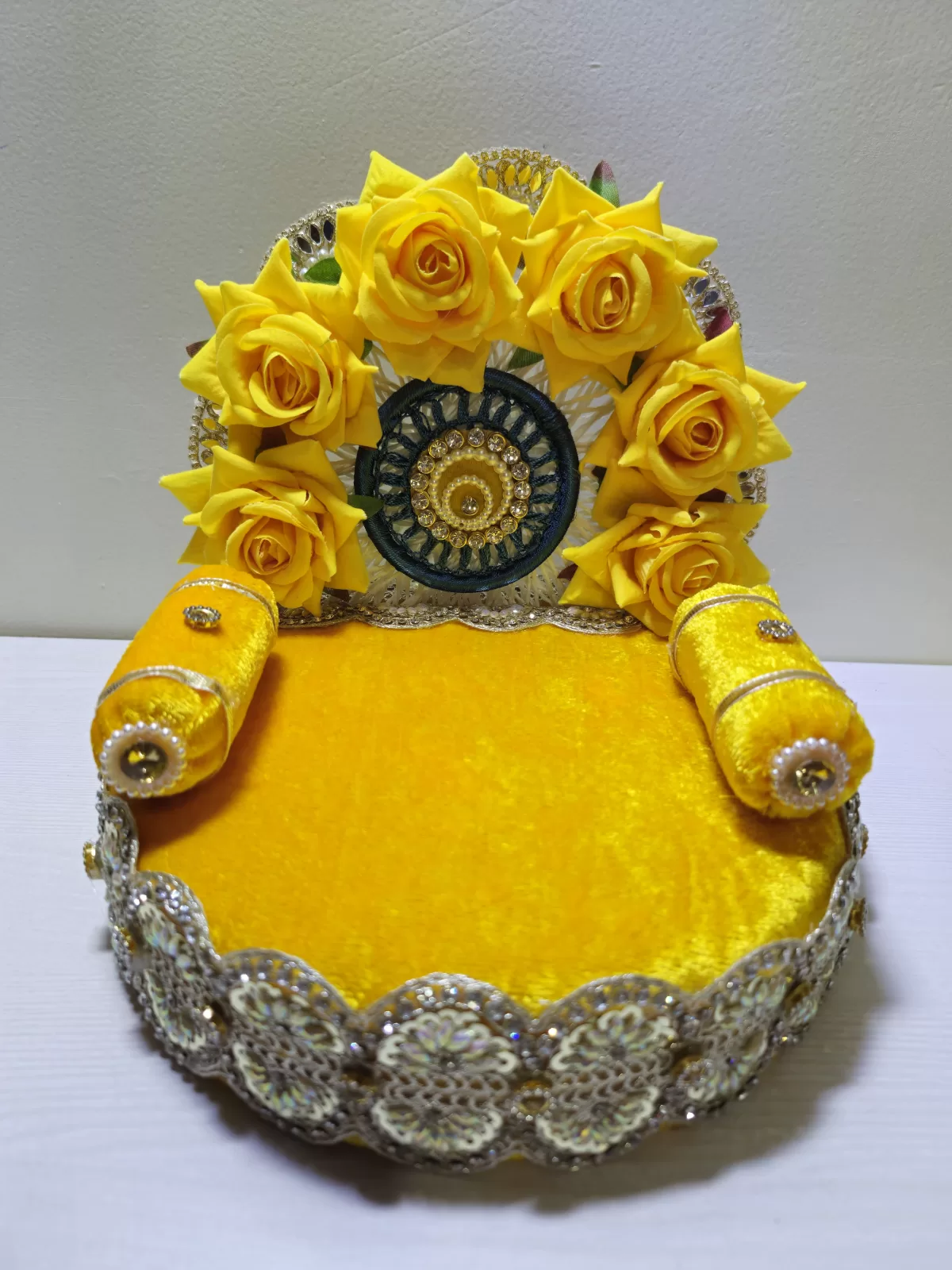 8-Inch Yellow Singhasan Aasan – Handmade by Shubh Shringaar, Ghaziabad